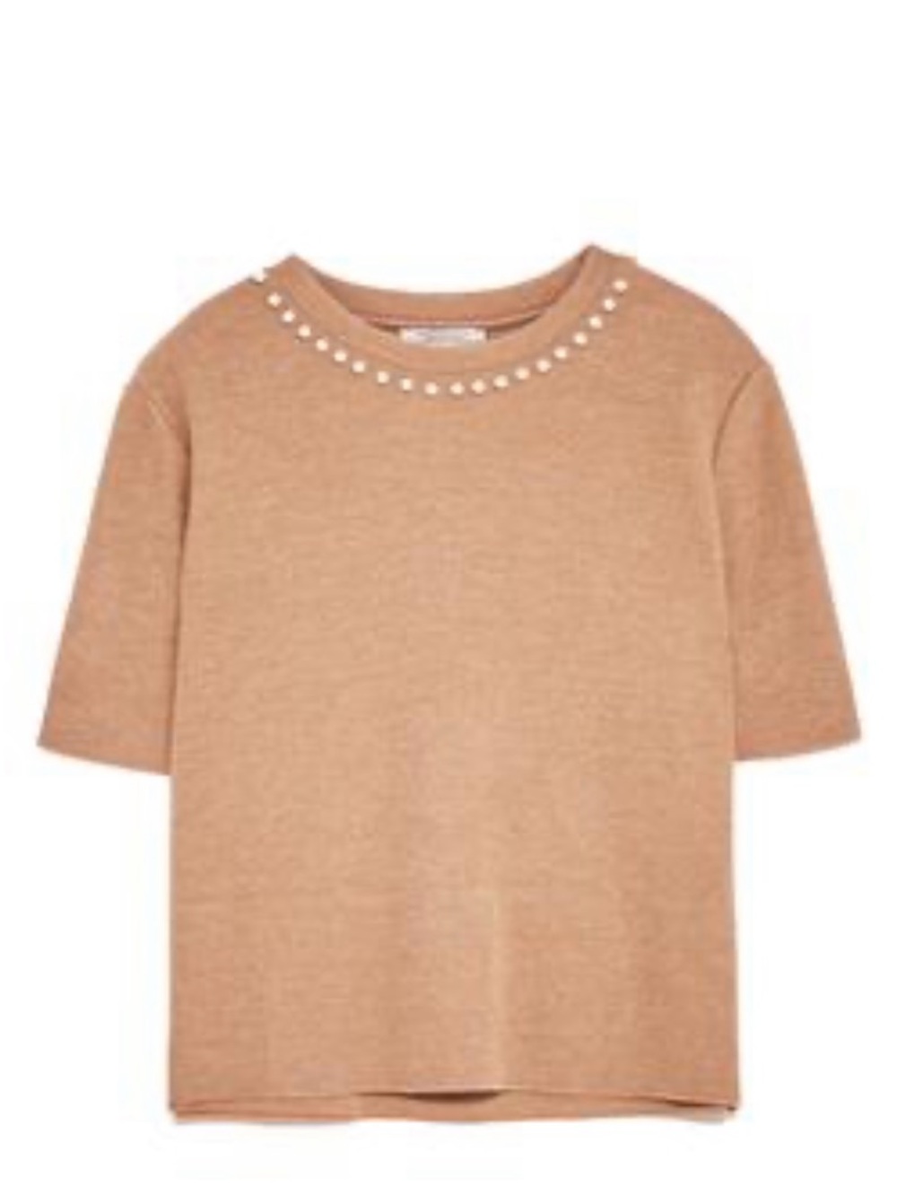 Zara Tan Short Sleeve Pearl-Trim Tee